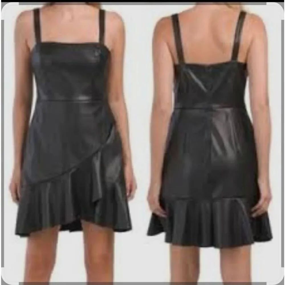 BCBGENERATION Black Faux Leather Mini Dress with Shoulder Straps, Ruffle, NWOT,M